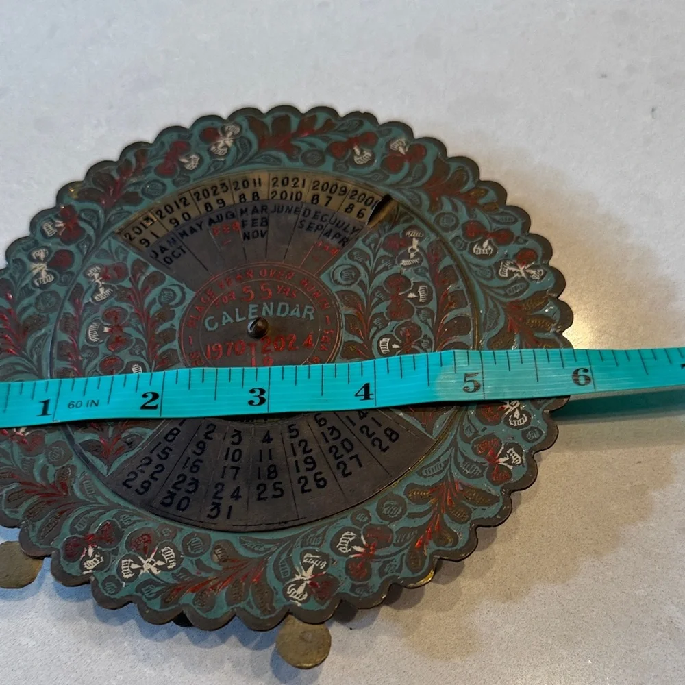 Vintage Perpetual Calendar with Floral Design 1970-2024 brass